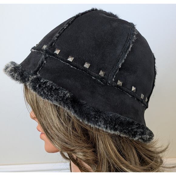 Cejon Bucket Hat Black Faux Suede Fur Studded Winter Warm Cozy Indie Edgy Y2K - Picture 8 of 13